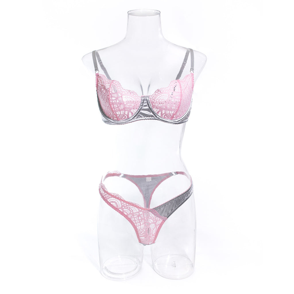 Wholesale Sexy Lace Lingerie Set in Silver Gray and Pink Contrast Front View