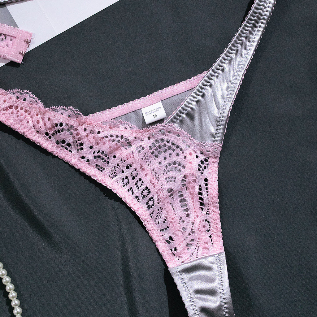 Wholesale Sexy Lace Lingerie Set in Silver Gray and Pink Contrast Panty Details