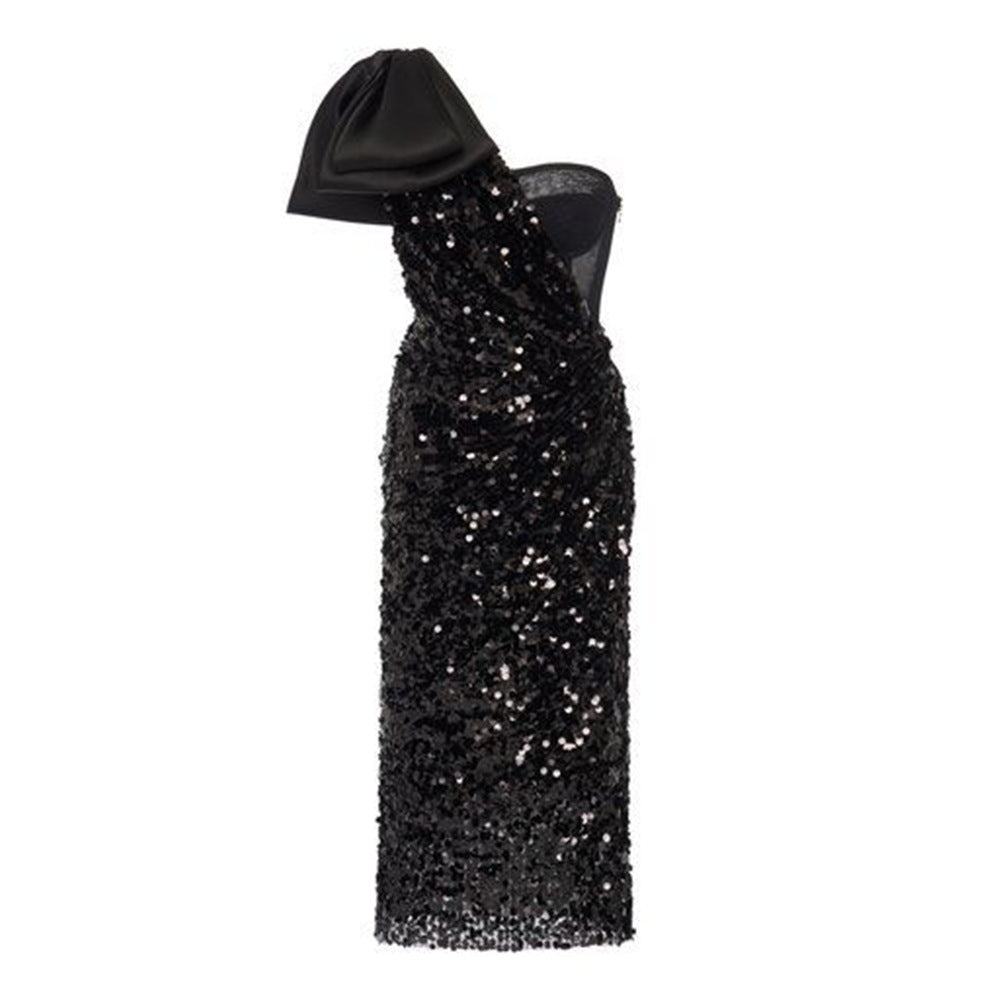 Black single room bow sequin sexy slimming and body-hugging dress