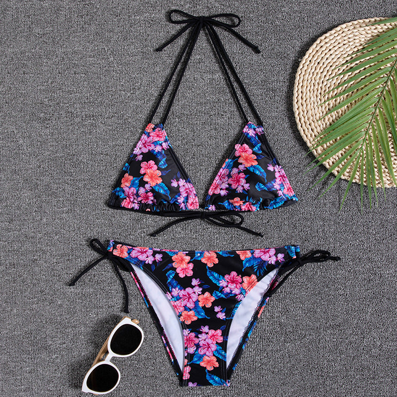 Printed Neck Lace-Up Swimsuit