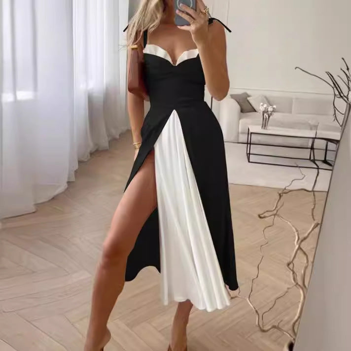 A sexy halter dress with a strapless look and a two-piece color-blocked fake dress