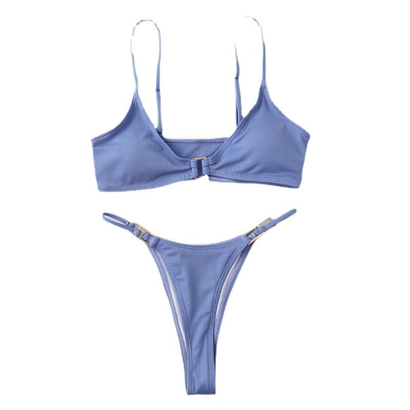 Solid Color Ribbed Bikini Set for Women