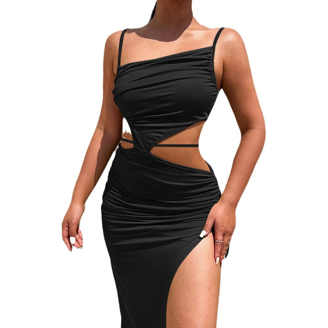 2024 European and American Hot-Selling Slope Collar Suspender Women's Dress European and American Sexy Lace-Up Cut Out Long Skirt Slit Dress