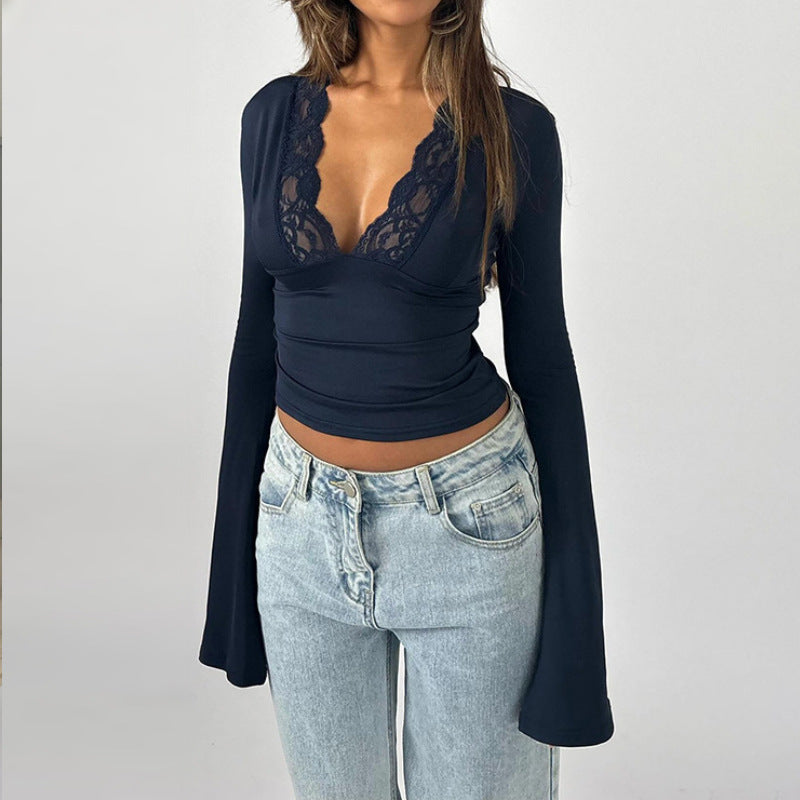 Lace spliced flared long-sleeve top