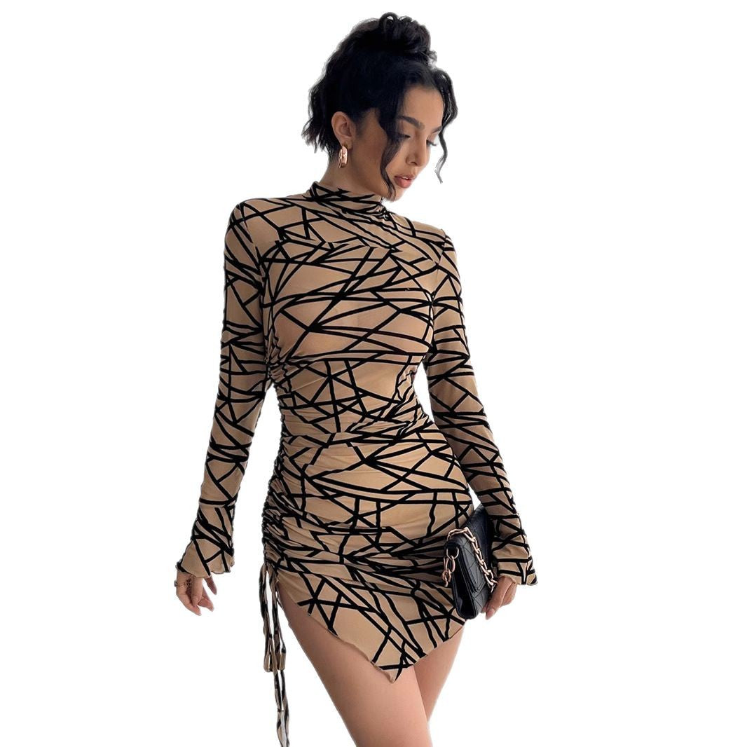 Ladies' fitted long-sleeved irregular short dress