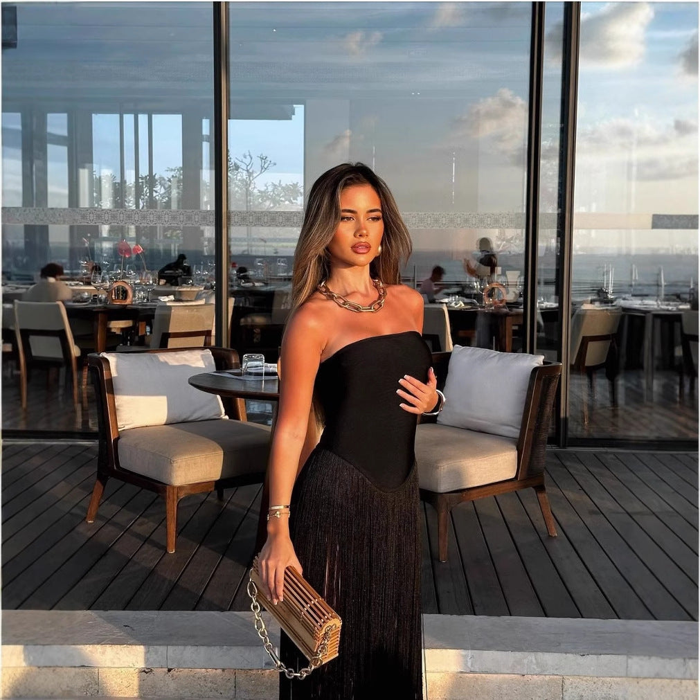 Fringed sexy slimming figure-hugging zipper strapless dress