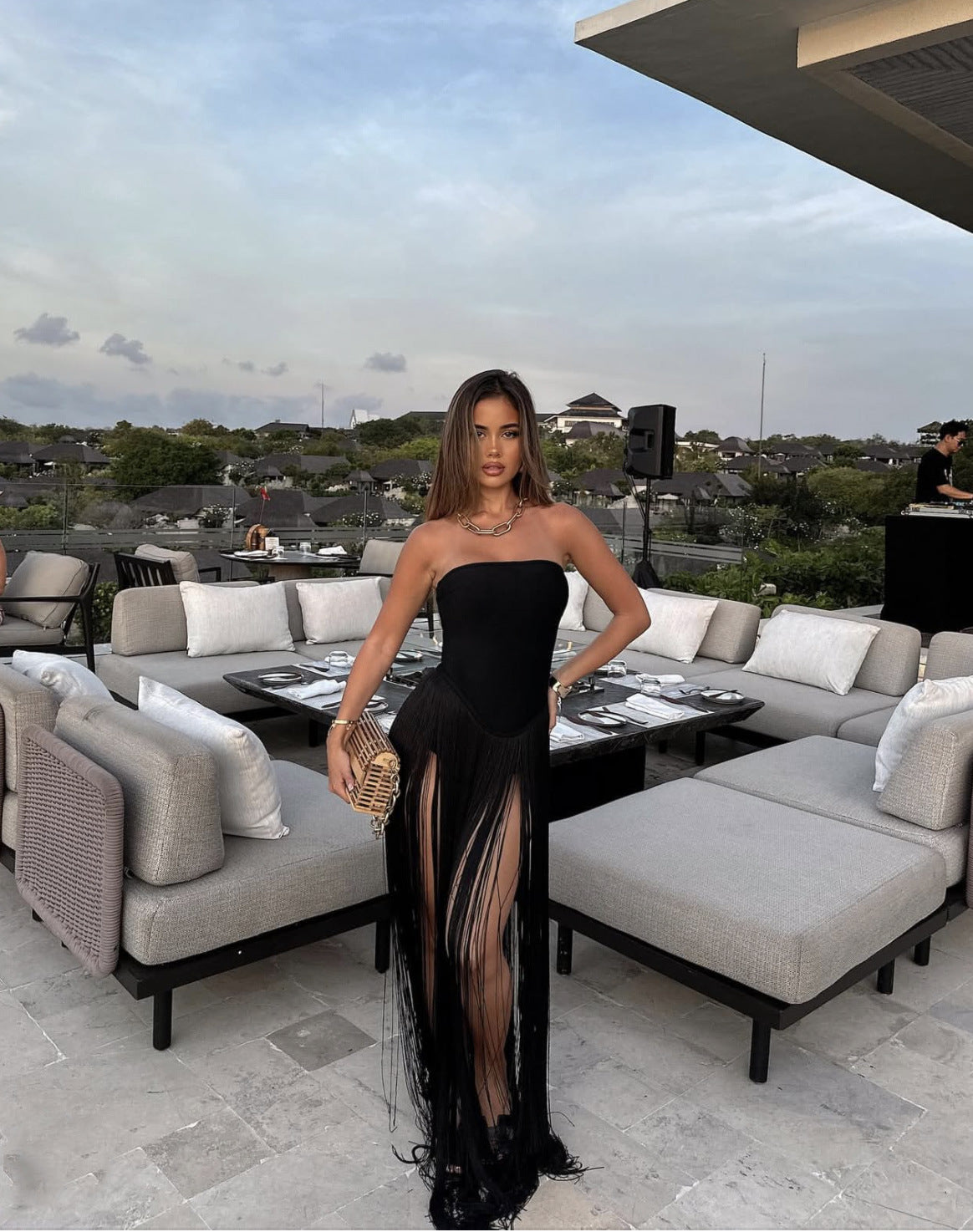 Fringed sexy slimming figure-hugging zipper strapless dress