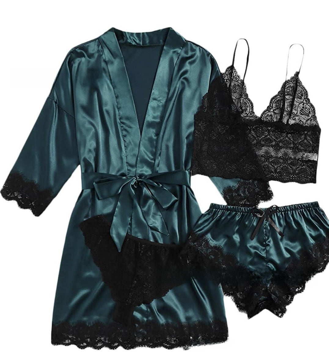 A 4-piece set of lace satin strappy pajamas