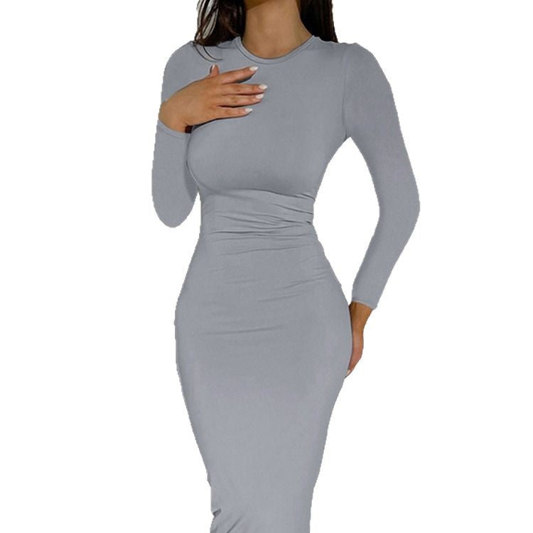 Fashion Solid Color Round Neck Slim Dress