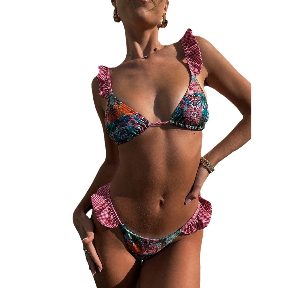 Sexy ruffled lace-up swimsuit thong two-piece set