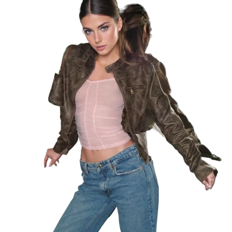 Stand-up collar leather jacket, short jacket by Instagram blogger