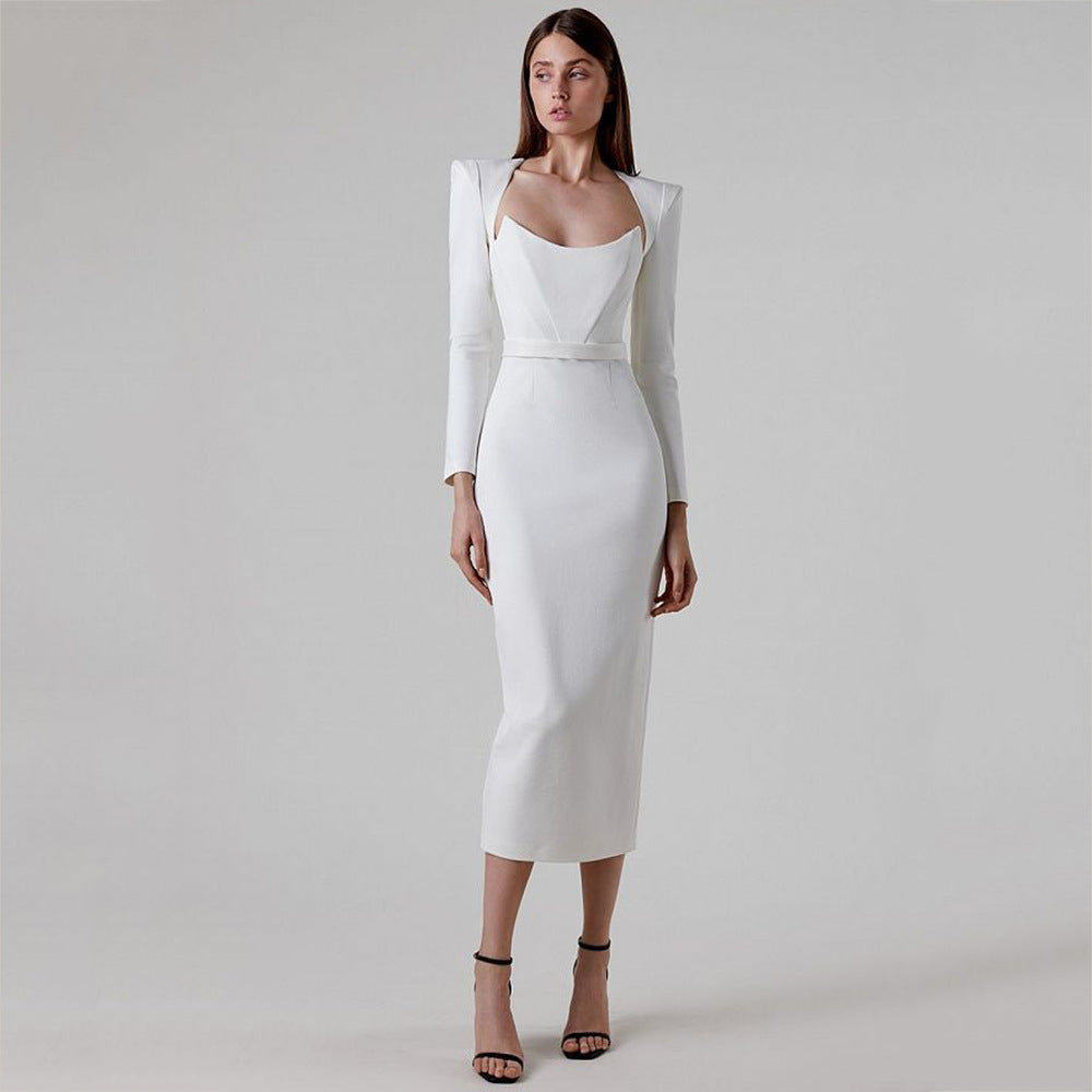 Long-sleeved fishbone high-waisted skirt