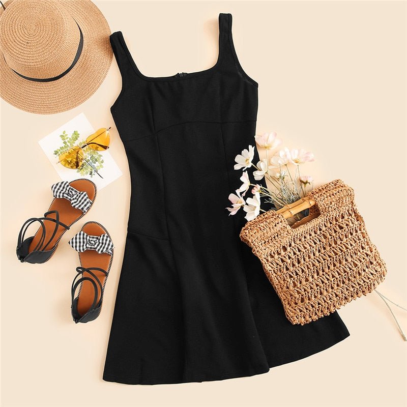 Black Fit And Flare Solid Dress Elegant Straps Sleeveless Plain A Line Dresses