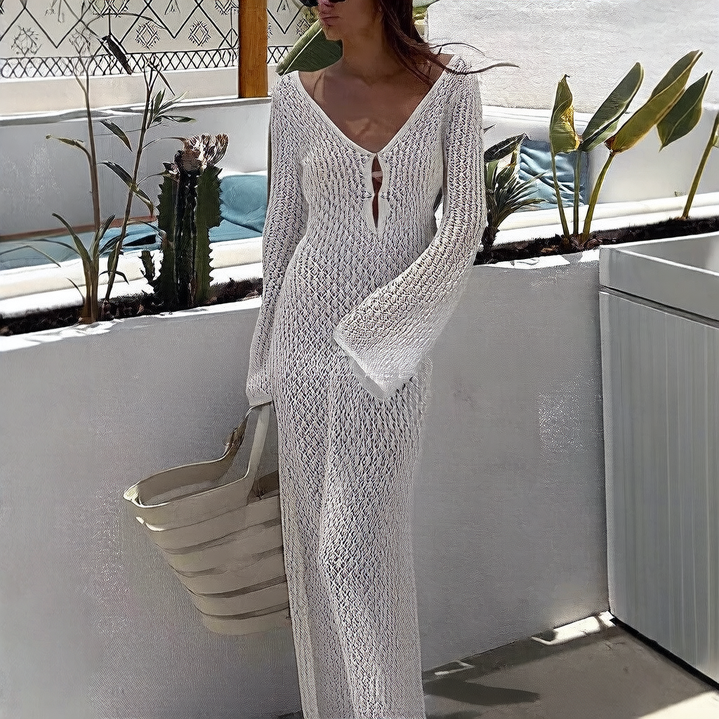 V-neck Hollow Sexy Knitted Long Sleeve Dress