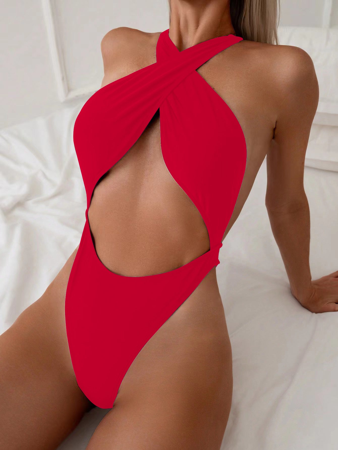 One-Piece Swimsuit with Tie Neck and Backless Design