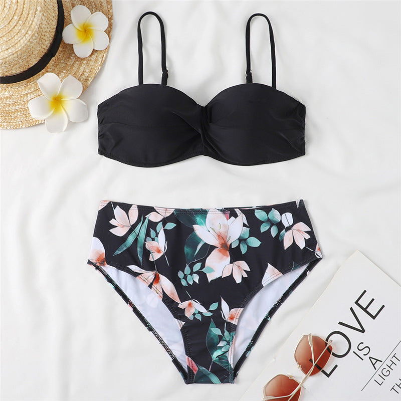 Women's High Waist Bikini Swimsuit with Steel Bracket - Sexy Leopard Print & Floral Design