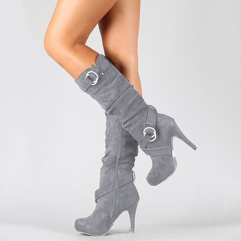 High-heeled suede belt mid-calf boots