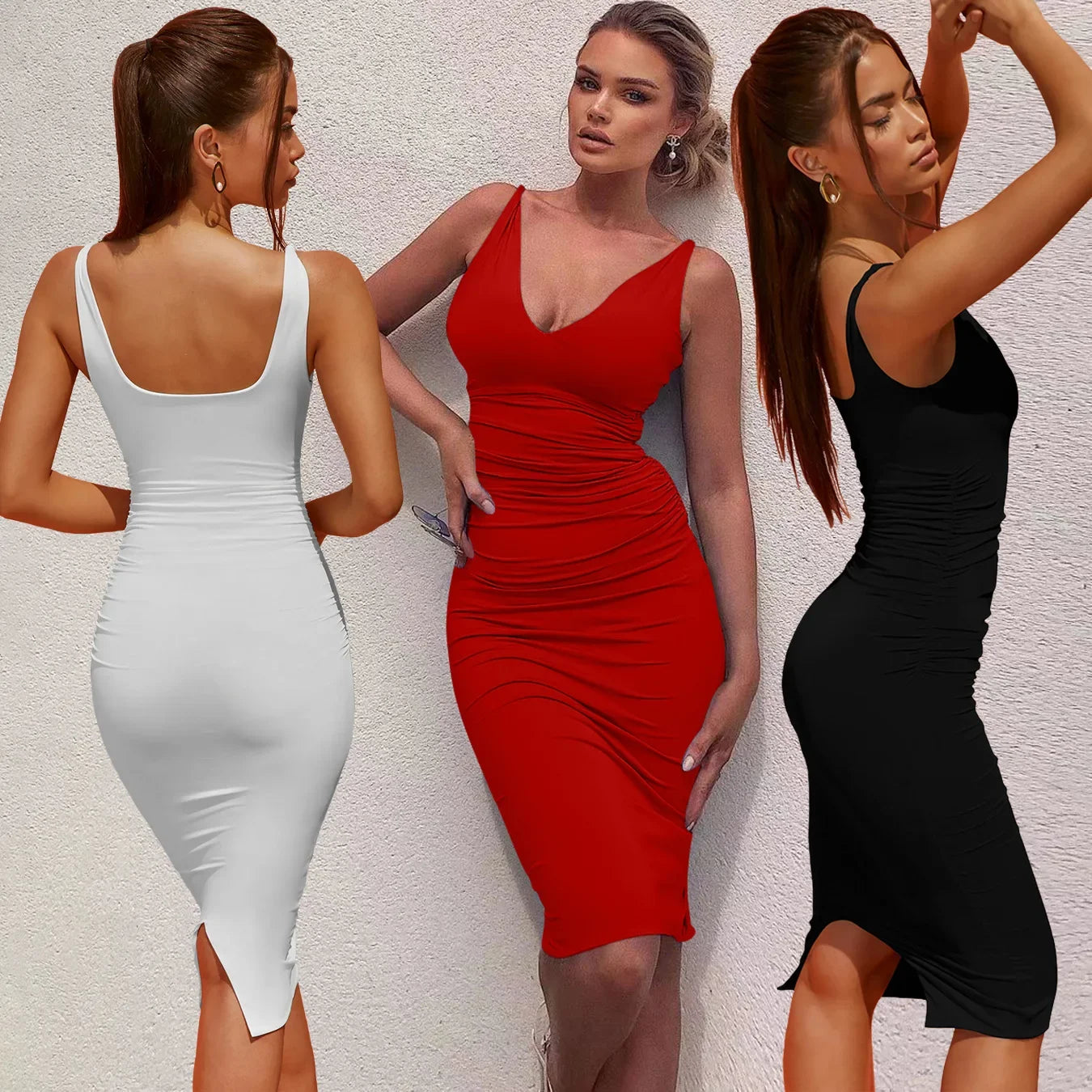A slimming, sleeveless, sexy V-neck, slit back, solid color body-hugging dress