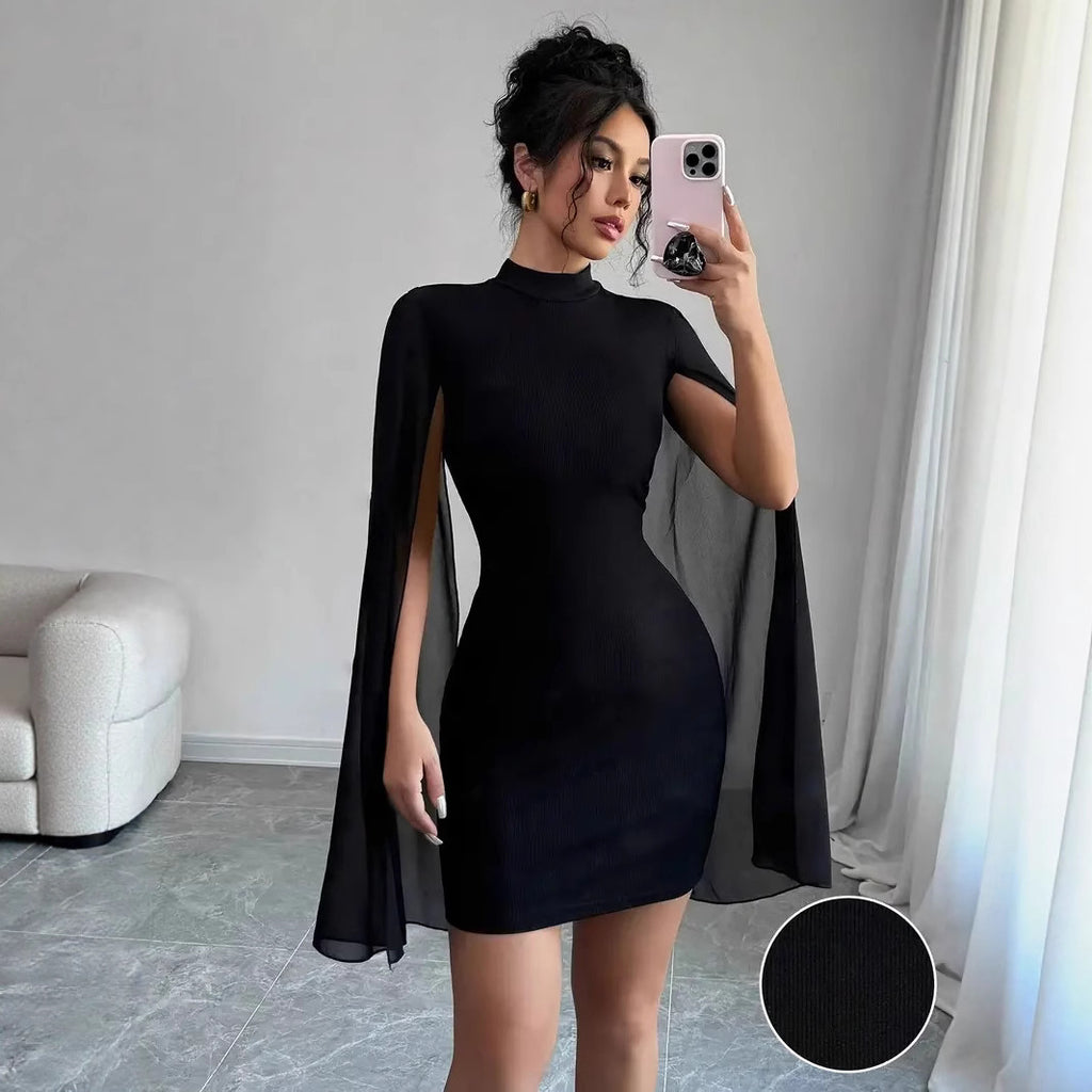 Poncho-style wrap dress with a flared skirt.