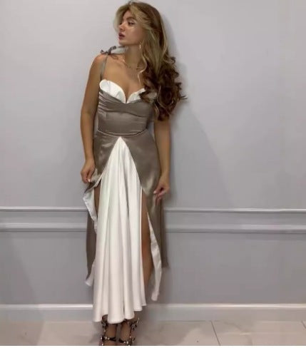 A sexy halter dress with a strapless look and a two-piece color-blocked fake dress