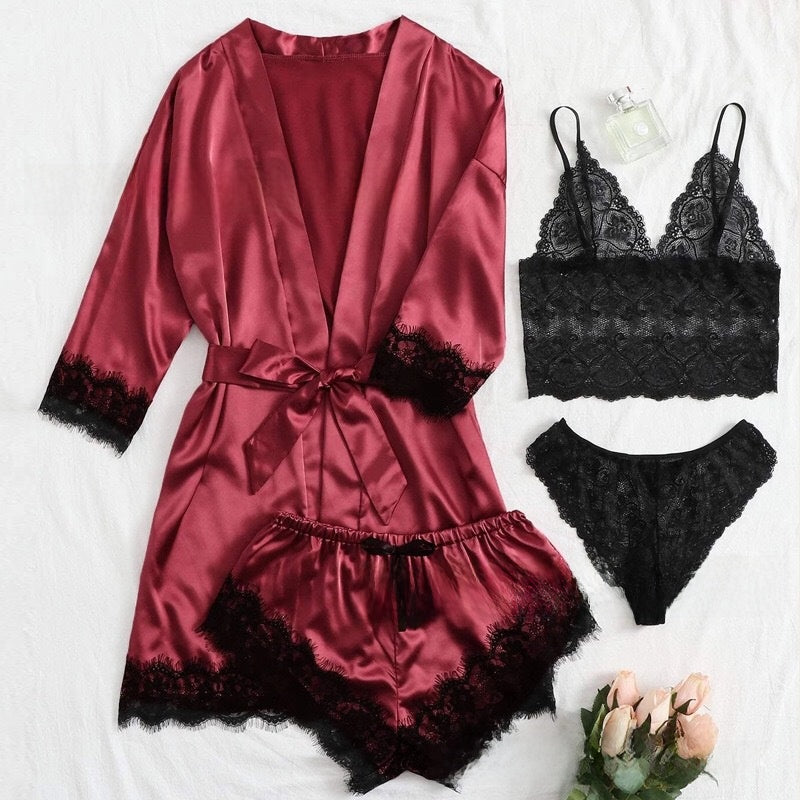 A 4-piece set of lace satin strappy pajamas