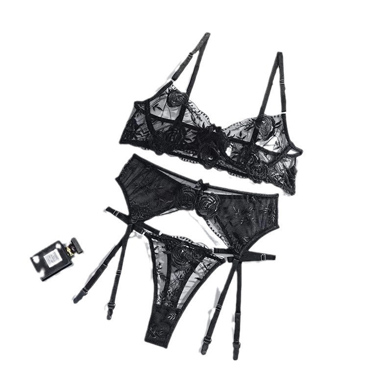 Mesh Embroidered Bra Panties Garter Set