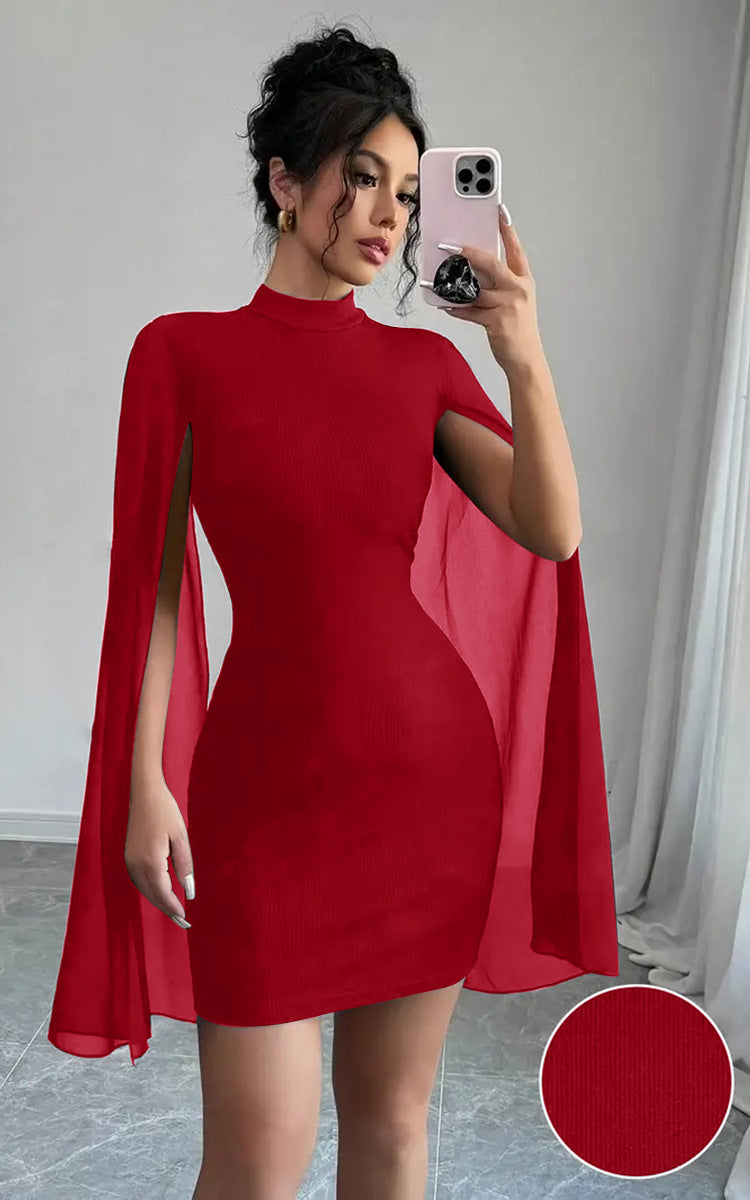 Poncho-style wrap dress with a flared skirt.