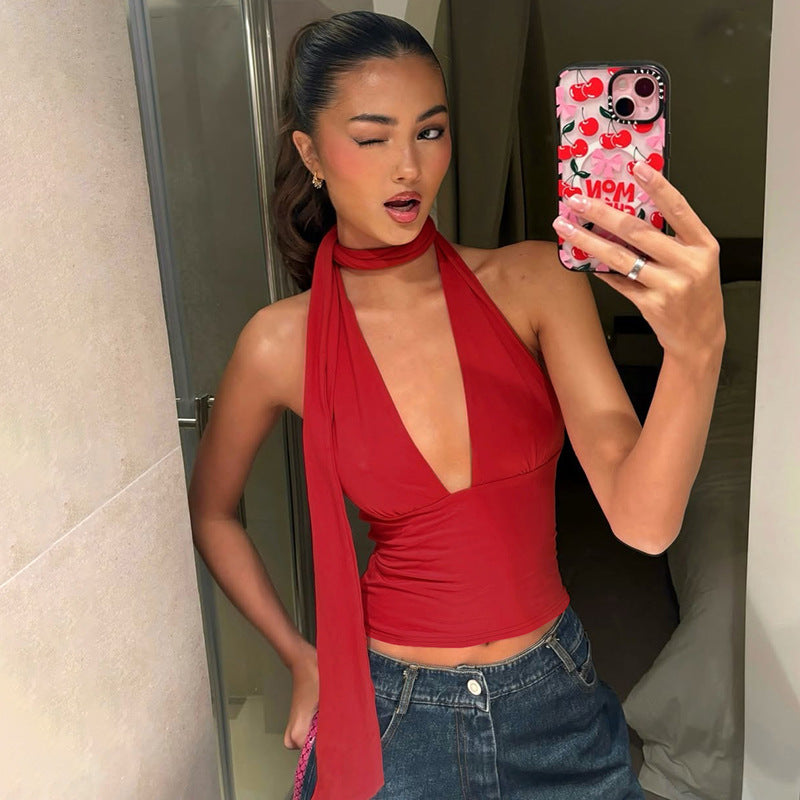 Sexy necktie strap low-cut halter top