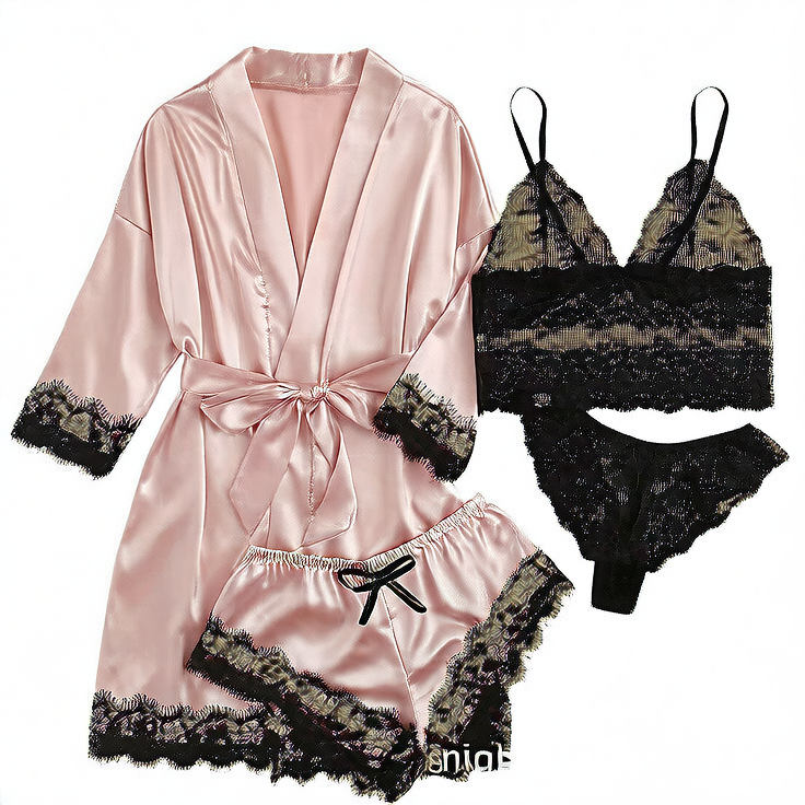 A 4-piece set of lace satin strappy pajamas