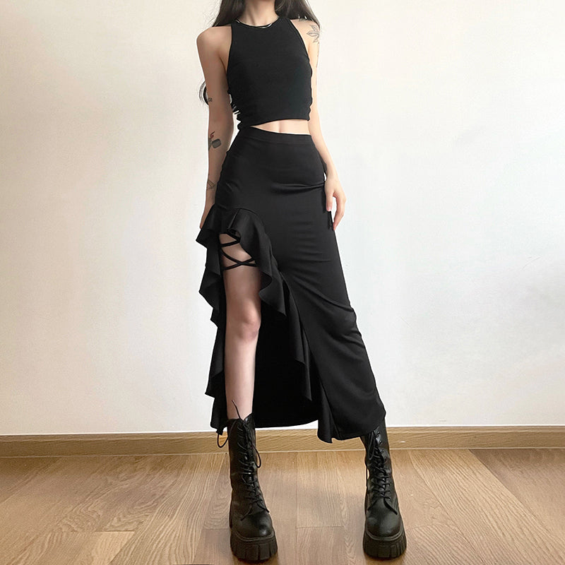 A half-length skirt with asymmetrical side straps and a unique design.