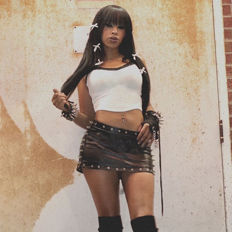 Fashion Rock Solid Color PU Leather Mini Skirt