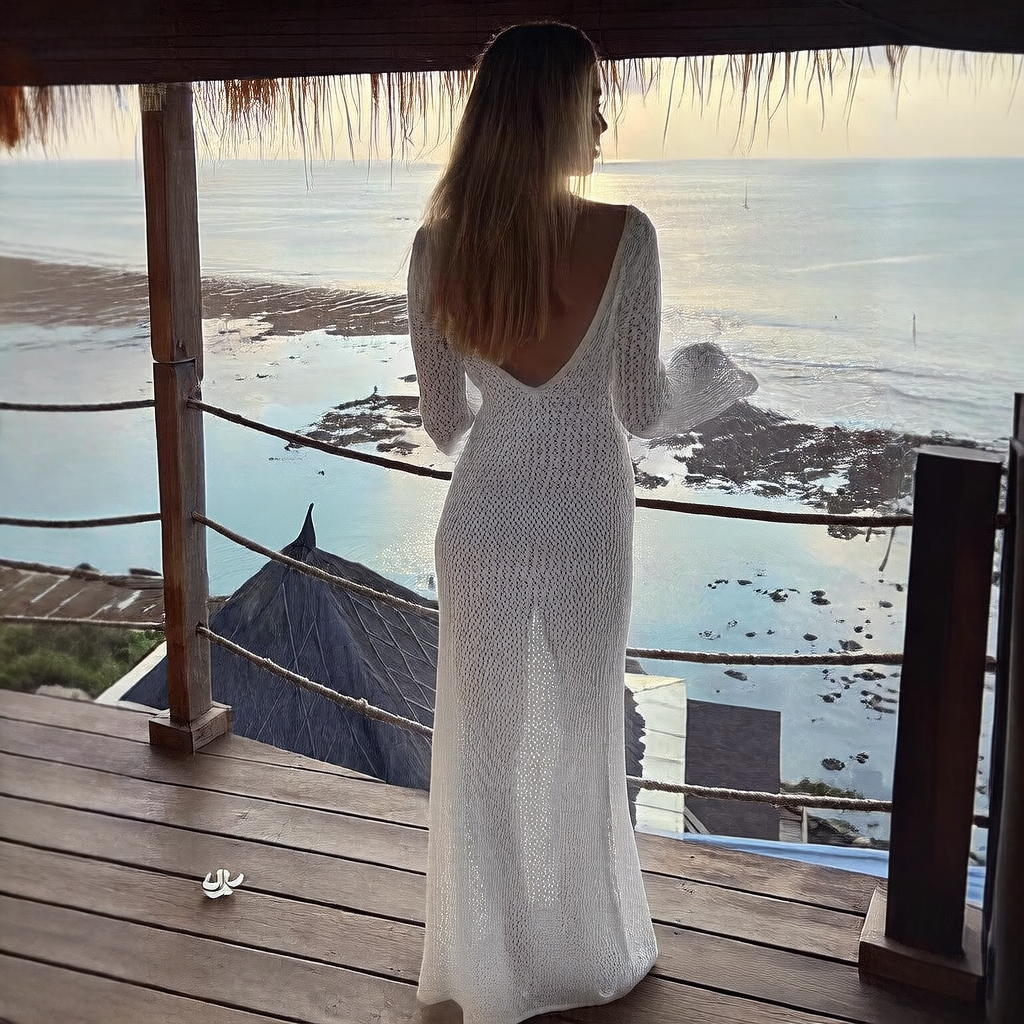 V-neck Hollow Sexy Knitted Long Sleeve Dress