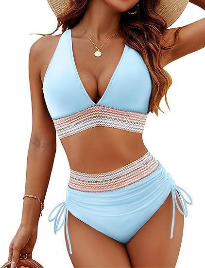 A sexy deep V-neck high-waisted bikini for a lady