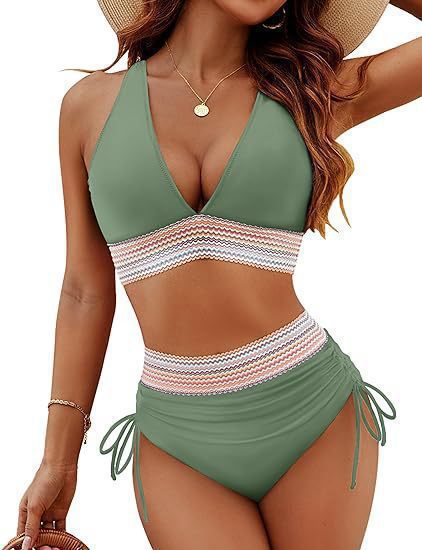 A sexy deep V-neck high-waisted bikini for a lady