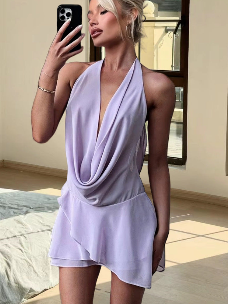 Pure desire hot girl chiffon neck deep V low collar dress autumn and winter new high sense solid color sleeveless skirt