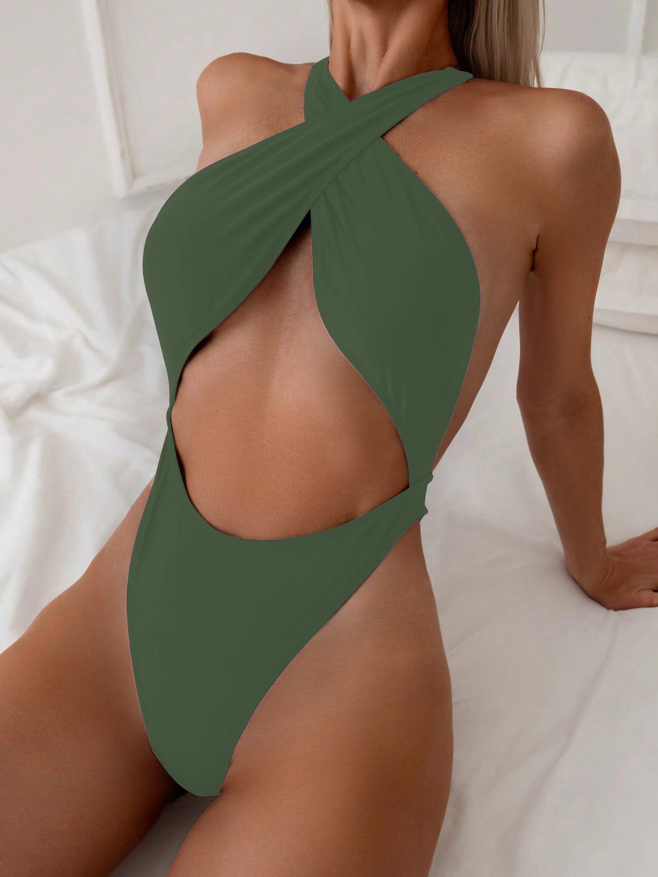 One-Piece Swimsuit with Tie Neck and Backless Design