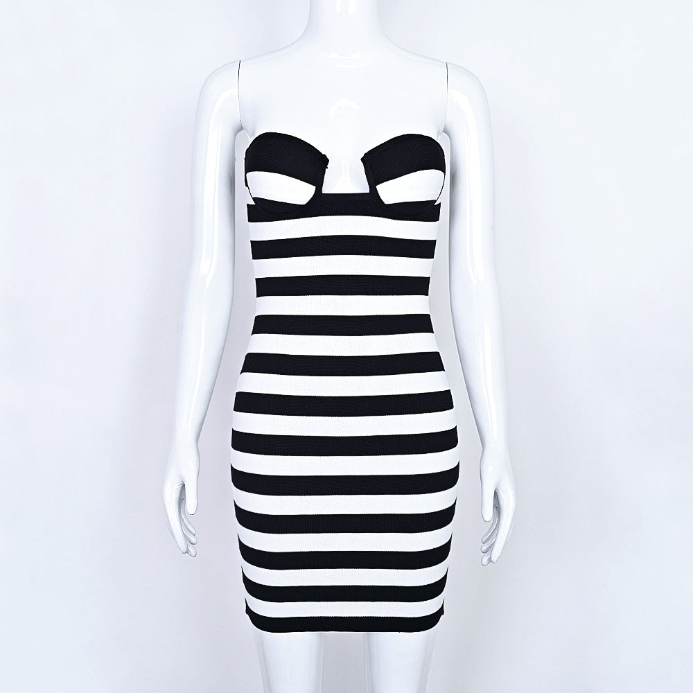 Black White Striped Bandage Bodycon Dress
