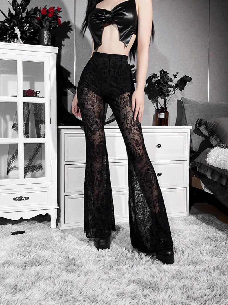 Women's High Waist Flared Pants with Lace Detail