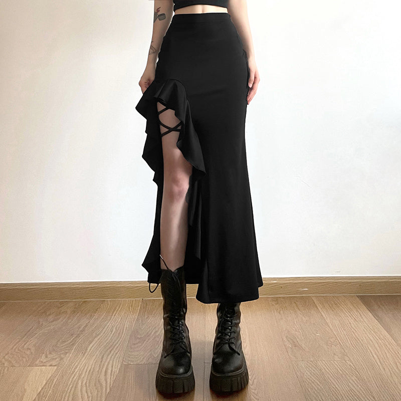 A half-length skirt with asymmetrical side straps and a unique design.