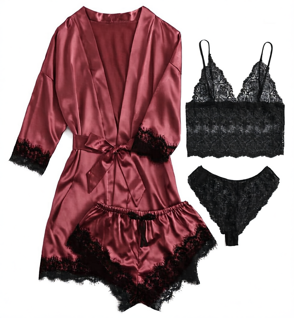A 4-piece set of lace satin strappy pajamas