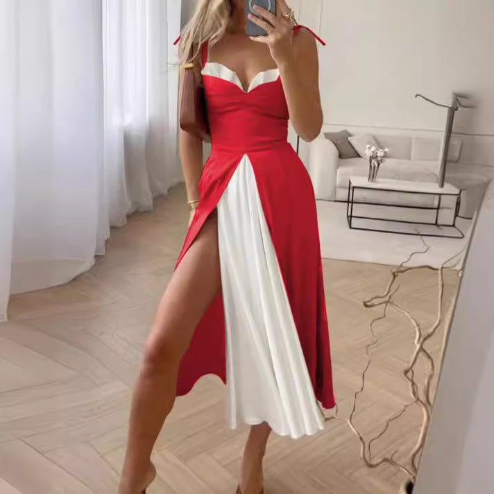 A sexy halter dress with a strapless look and a two-piece color-blocked fake dress