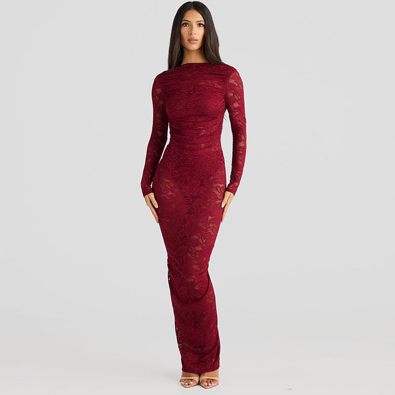 European and American Amazon New Sexy Backless Lace Flower Perspective Slim-fit Long-sleeved Street-style Long Hip dress