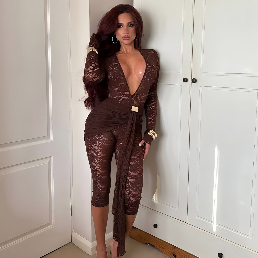 Sexy Lace Tight Jumpsuit with Deep V-Neck
