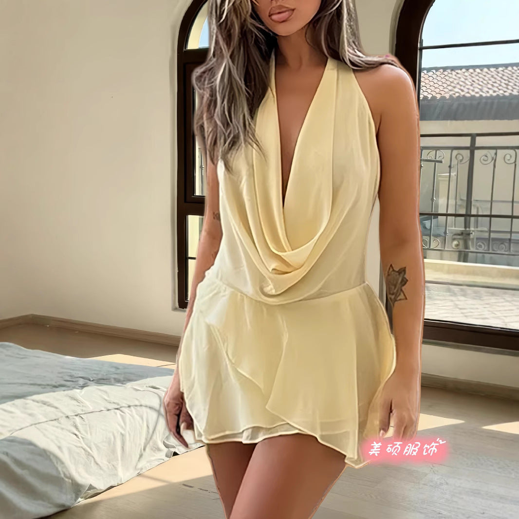 Pure desire hot girl chiffon neck deep V low collar dress autumn and winter new high sense solid color sleeveless skirt