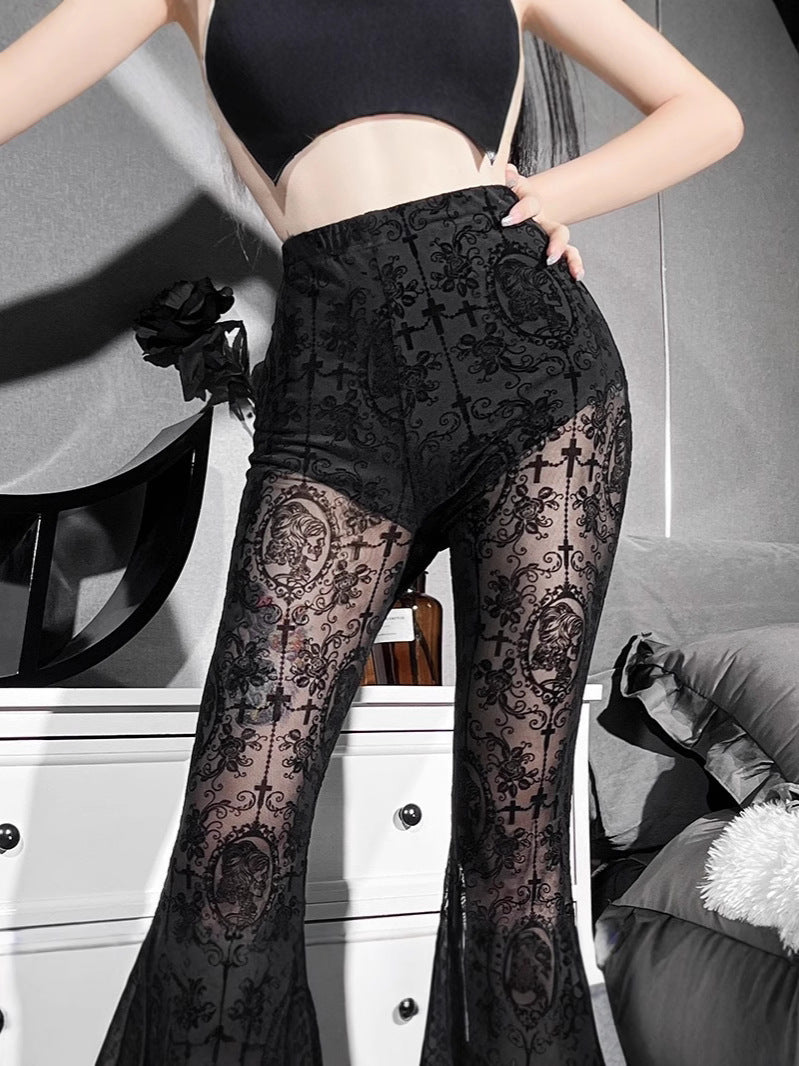 Women's High Waist Flared Pants with Lace Detail
