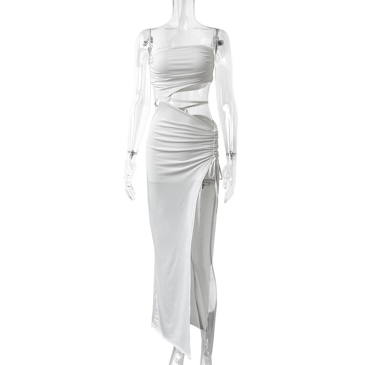 2024 European and American Hot-Selling Slope Collar Suspender Women's Dress European and American Sexy Lace-Up Cut Out Long Skirt Slit Dress