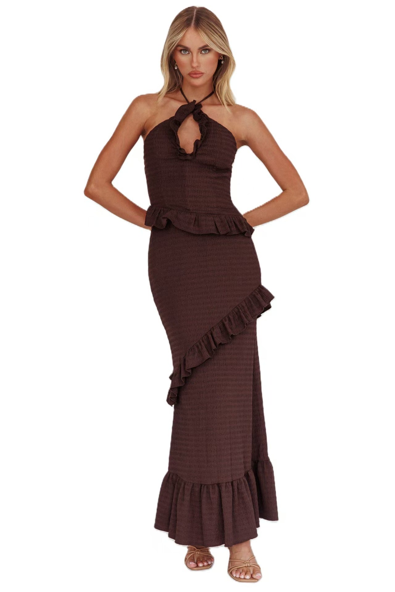 Deep V-neck long dress in dark style