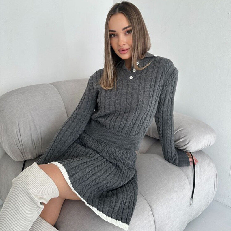 Casual Long-Sleeve Knitted Sweater and Short Skirt Set
