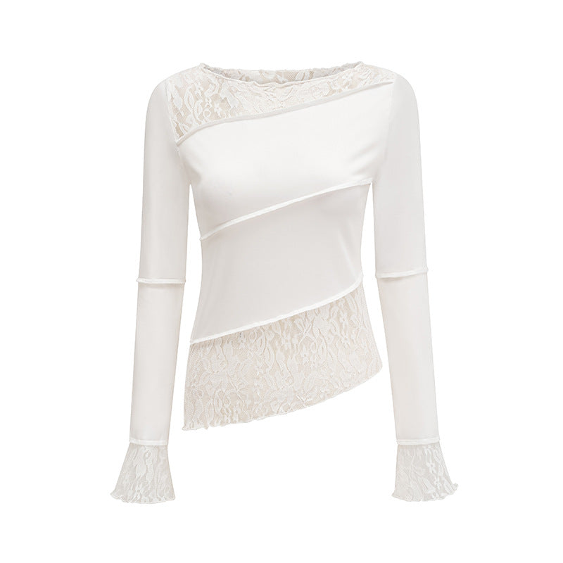 Fashionable and sexy slim lace patchwork long-sleeved T-shirt