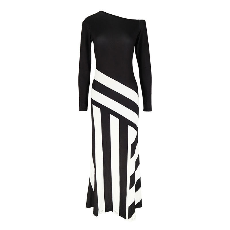 Women's Black and White Striped Digital Print T-shirt Dress